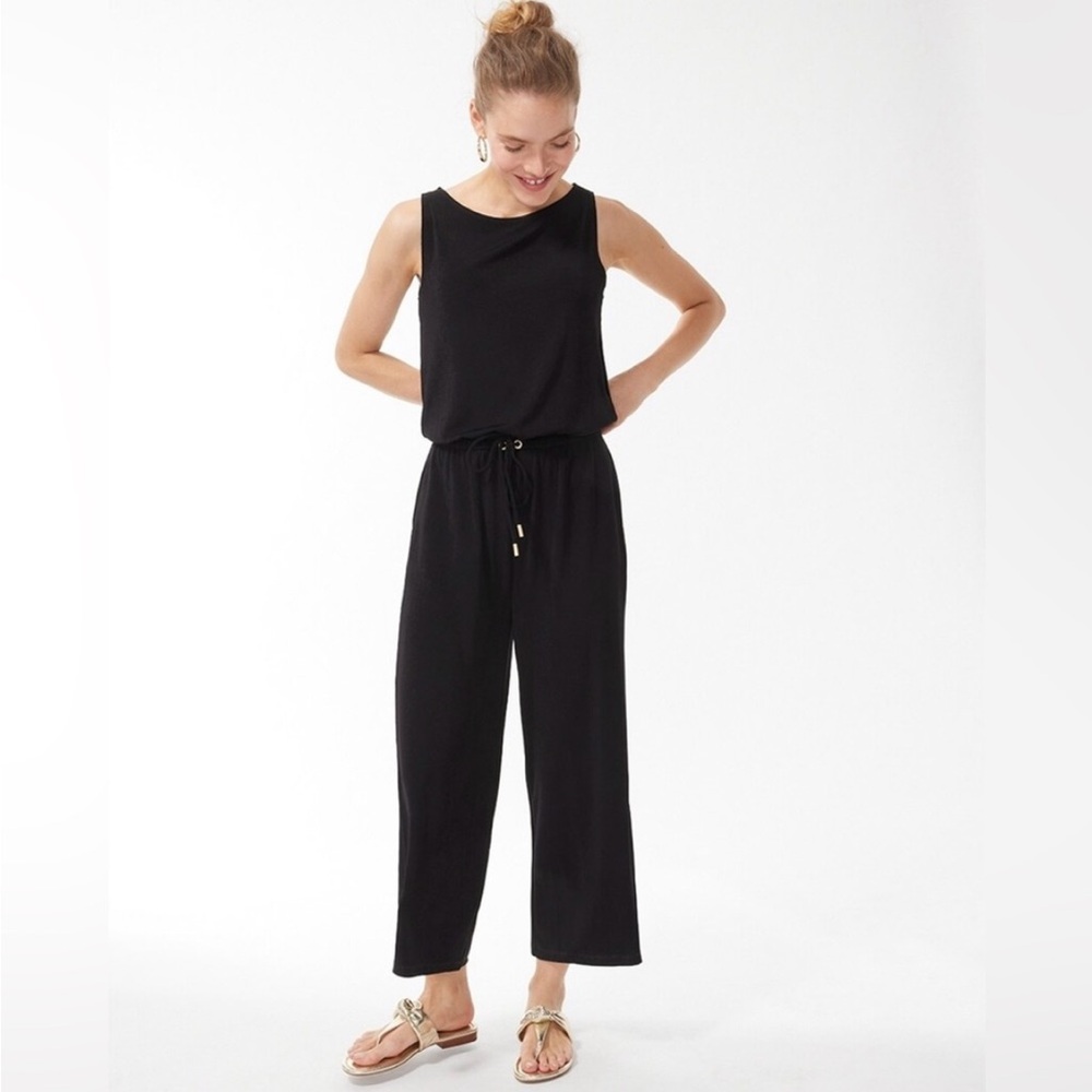 Chicos Travelers black sleeveless jumpsuit with drawstring size 2 12-14 like new